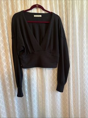 #893 Free People Black Deep V Cropped Long Sleeve Top